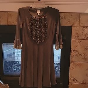 Gray dress with ruffled tuxedo bodice